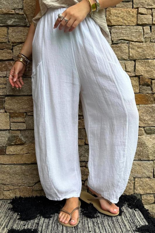 Lina Linen Blend Barrel Pant White
